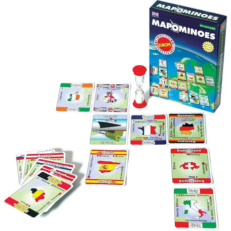A Mapominoes Europe game box sits on a white surface next to a timer and several playing cards featuring country maps and borders.