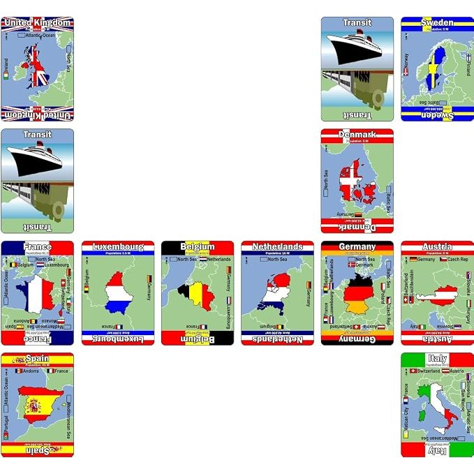 A Mapominoes Europe geography game board featuring playing cards, each displaying a European country’s map and flag, arranged in a rectangular perimeter.