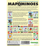 Game box for Mapominoes Europe, featuring sample playing cards with country borders, game descriptions, and instructional text.