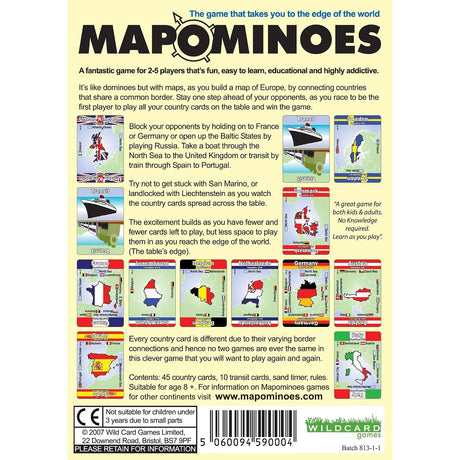 Game box for Mapominoes Europe, featuring sample playing cards with country borders, game descriptions, and instructional text.