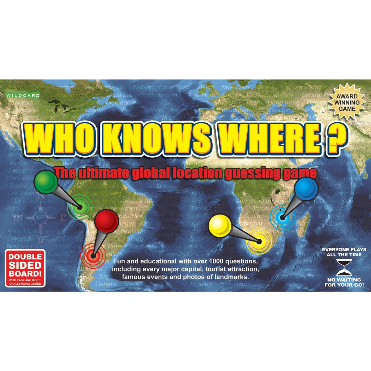 The Who Knows Where? board game box features a world map with four colored location pins, the yellow game title, and text describing the double-sided, all-ages location guessing experience.