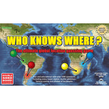 The Who Knows Where? board game box features a world map with four colored location pins, the yellow game title, and text describing the double-sided, all-ages location guessing experience.