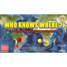 The Who Knows Where? board game box features a world map with four colored location pins, the yellow game title, and text describing the double-sided, all-ages location guessing experience.