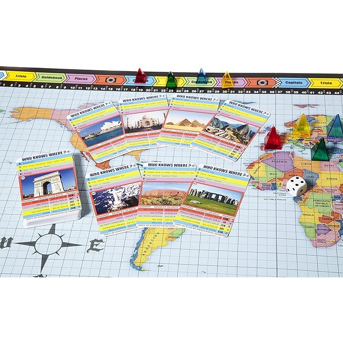 The Who Knows Where? board game features a world map board, decks of geography trivia cards, a die, and translucent plastic player tokens designed to help players learn about our world.