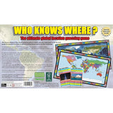 The back of the Who Knows Where? board game box shows a world map and game cards alongside text detailing the rules and contents of this location guessing game.