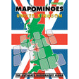 Mapominoes United Kingdom game box cover featuring a map of the United Kingdom over a Union Jack background, with several blank playing cards from the game scattered across the map.