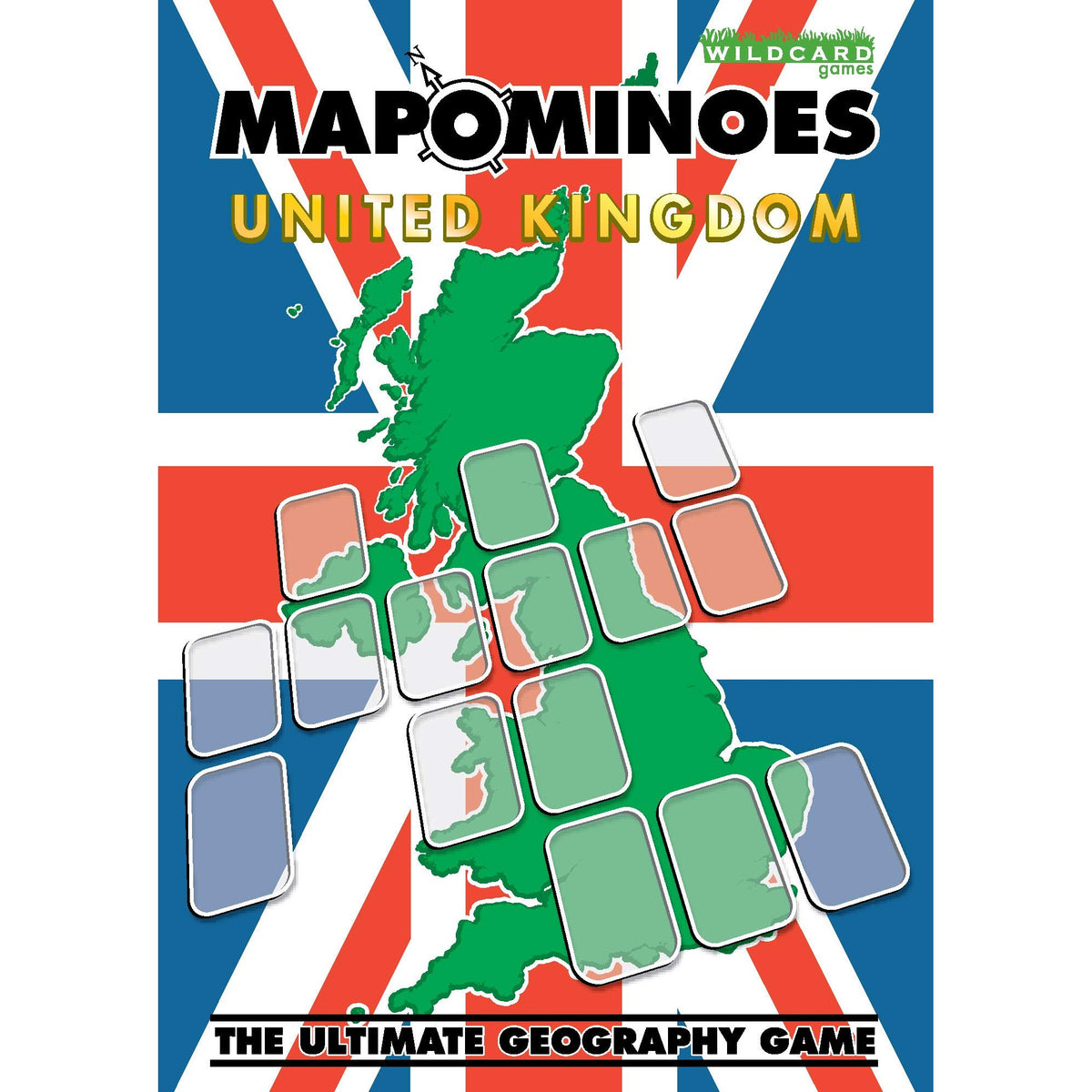 Mapominoes United Kingdom game box cover featuring a map of the United Kingdom over a Union Jack background, with several blank playing cards from the game scattered across the map.