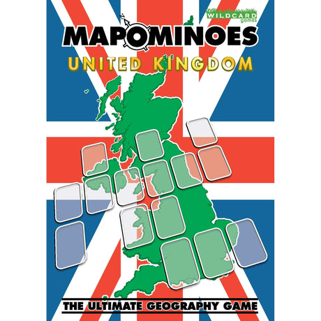 Mapominoes United Kingdom game box cover featuring a map of the United Kingdom over a Union Jack background, with several blank playing cards from the game scattered across the map.