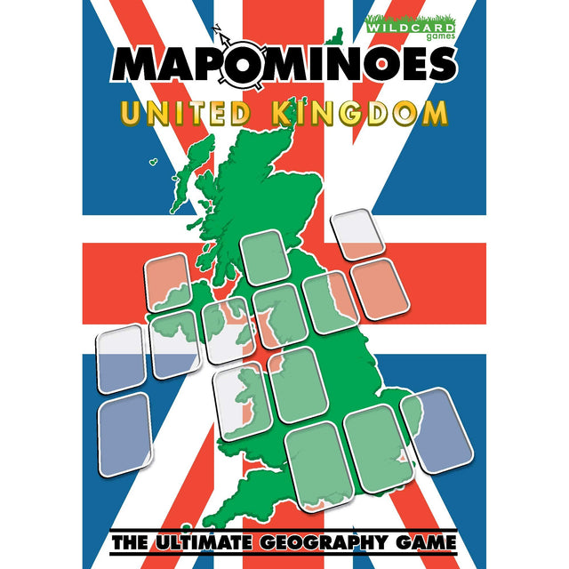 Mapominoes United Kingdom game box cover featuring a map of the United Kingdom over a Union Jack background, with several blank playing cards from the game scattered across the map.