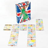 Mapominoes United Kingdom game box featuring a Union Jack design, with several playing cards laid out in front, each displaying a map of a different UK county.