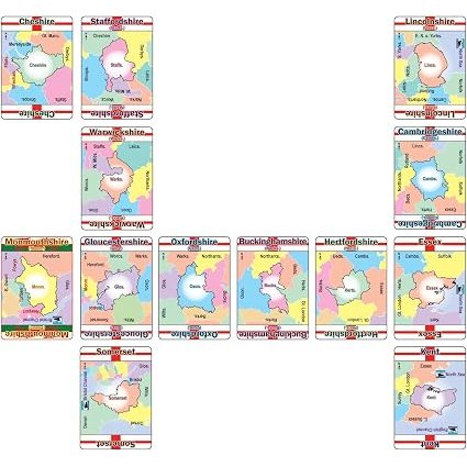 Ten playing cards from Mapominoes United Kingdom arranged in a loose circle, each displaying a map of a different UK county for an educational family geography game.