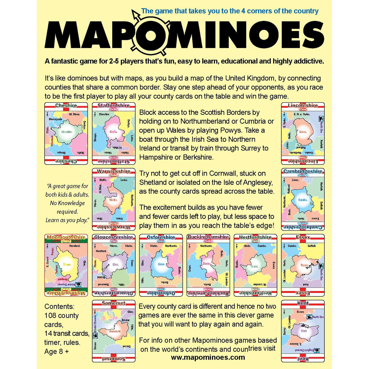 Box for the Mapominoes United Kingdom geography game featuring a map of the UK divided into counties, with gameplay instructions and examples of game cards displayed around the title of this educational family game.
