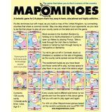 Box for the Mapominoes United Kingdom geography game featuring a map of the UK divided into counties, with gameplay instructions and examples of game cards displayed around the title of this educational family game.