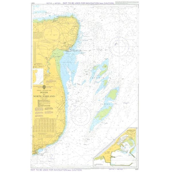 Admiralty Instructional Chart 5061 | Dover to North Foreland, from Admiralty, offers detailed coastal and marine information such as depths, buoys, and navigation hazards along the southeastern coast of England. An inset map of the Port of Dover is located in the bottom right corner to aid maritime navigation.