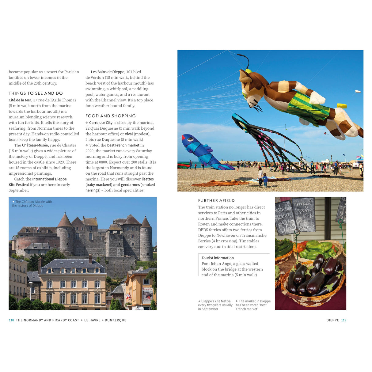 The "Adlard Coles Shore Guide: Channel Coast of France" by Adlard Coles features vibrant animal-shaped kites over French beaches, a castle near a town, purple artichokes, and details about the region's marinas and harbors for seaside enthusiasts.