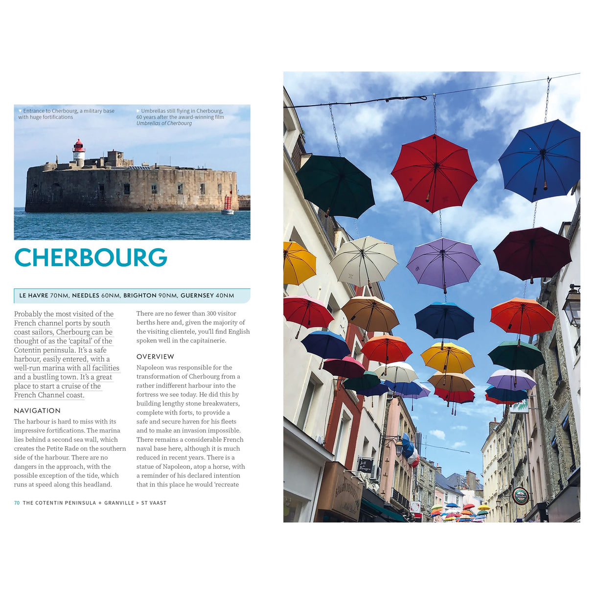 The Adlard Coles Shore Guide: Channel Coast of France cover illustrates a split image with a historical fortress by the sea in Cherbourg on the left and a vibrant street scene with umbrellas overhead on the right, capturing both maritime heritage and lively urban charm.