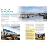 The Adlard Coles Shore Guide: Channel Coast of France brochure showcases St Vaast La Hougue's picturesque harbor, fishermen, and boulangerie images. It includes sailing tips and essential sites in the region.