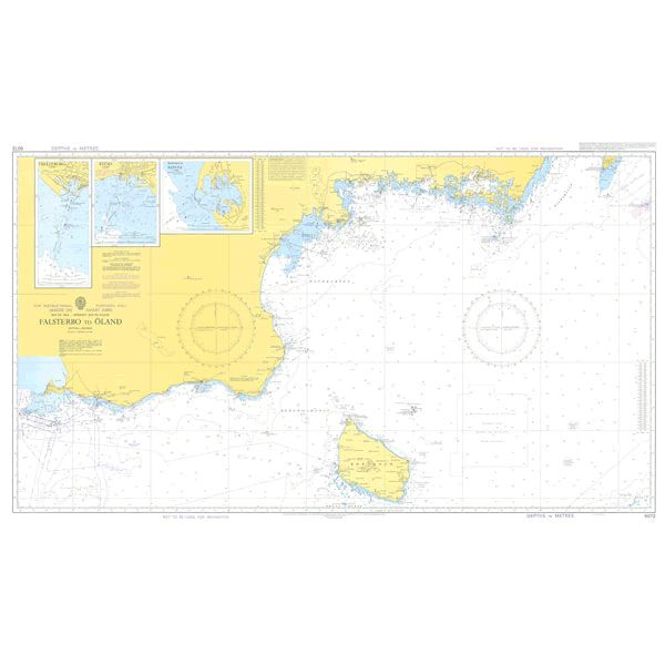 Admiralty Instructional Chart 5072, detailing the coastline and sea area from Falsterbo to Oland, includes depth contours, navigational hazards, and landmarks. Insets of smaller navigational areas are located in the top left. This detailed Admiralty chart features coordinates, maritime markings, and commercial shipping routes.