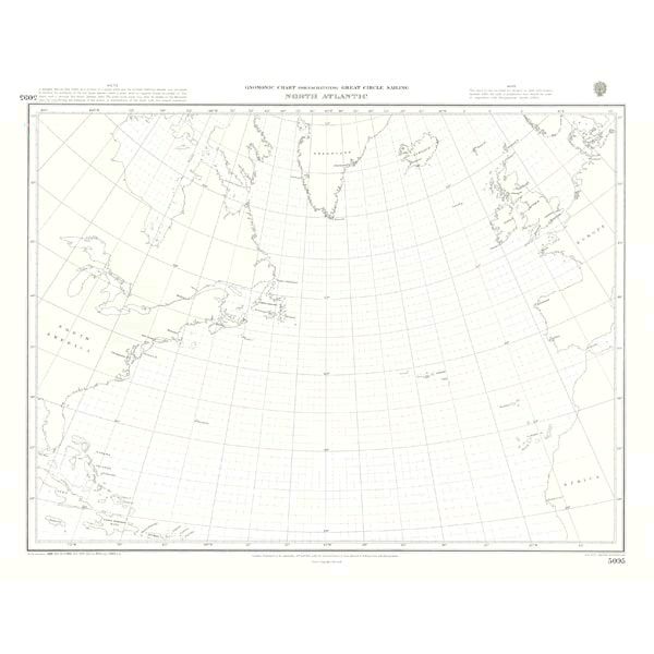 The Admiralty Instructional Chart 5095 for the North Atlantic Ocean is a detailed nautical map that features the coastlines of North America, Europe, and parts of Africa. This official paper chart from Admiralty includes latitude and longitude lines with minimal additional information or markings, ensuring navigation safety in compliance with ADMIRALTY Standard Nautical Charts.