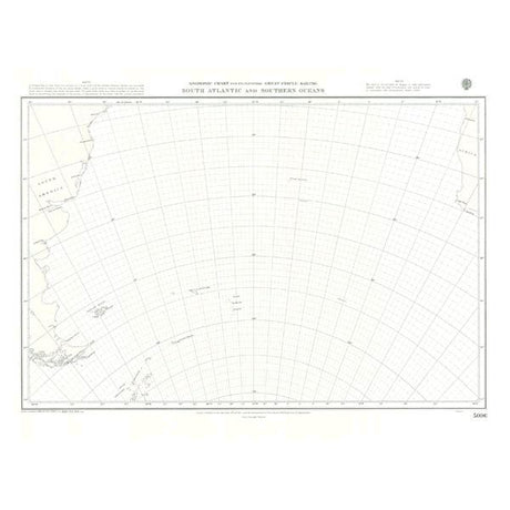 A detailed instructional chart titled "Admiralty Instructional Chart 5096 | Southern Atlantic and Southern Oceans" by Admiralty showcasing the South Atlantic and Southern Oceans. The map features intricate grid lines, coastal outlines of adjacent landmasses, and commercial shipping routes. It complies with SOLAS regulations and includes a scale at the bottom.