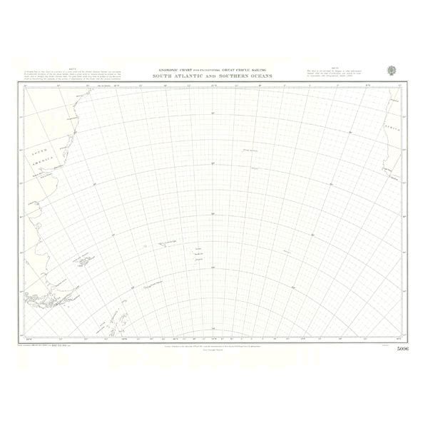 A detailed instructional chart titled "Admiralty Instructional Chart 5096 | Southern Atlantic and Southern Oceans" by Admiralty showcasing the South Atlantic and Southern Oceans. The map features intricate grid lines, coastal outlines of adjacent landmasses, and commercial shipping routes. It complies with SOLAS regulations and includes a scale at the bottom.