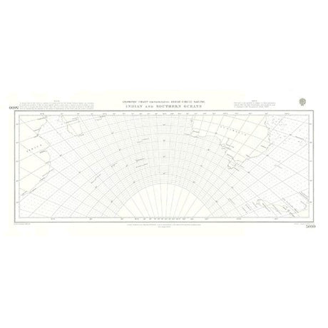 The Admiralty Instructional Chart 5099 titled "Indian and Southern Oceans" displays the expanse of the Indian Ocean and its neighboring seas, emphasizing navigational intricacies. This ADMIRALTY chart includes grid lines, coastal outlines, and navigational markers, featuring longitude and latitude coordinates in compliance with SOLAS regulations.