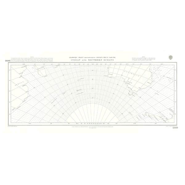 The Admiralty Instructional Chart 5099 titled "Indian and Southern Oceans" displays the expanse of the Indian Ocean and its neighboring seas, emphasizing navigational intricacies. This ADMIRALTY chart includes grid lines, coastal outlines, and navigational markers, featuring longitude and latitude coordinates in compliance with SOLAS regulations.