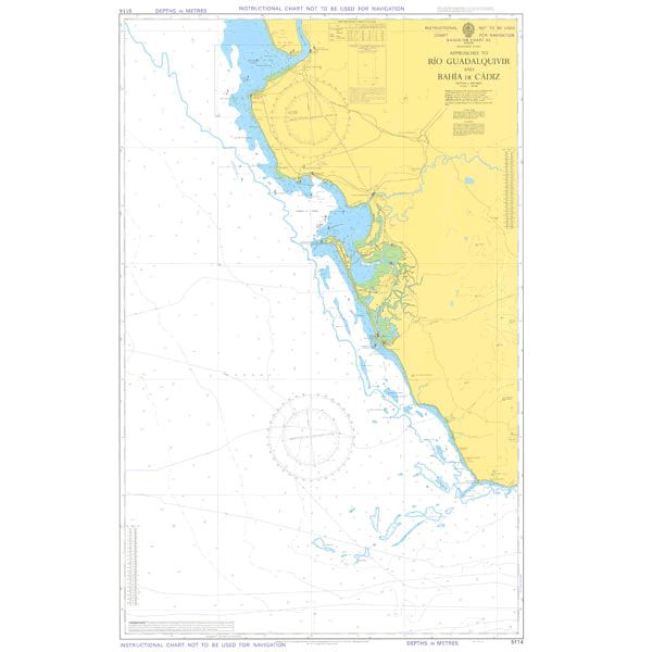 The Admiralty Instructional Chart 5114, titled "Approaches to Rio Guadalquivier and Bahia de Cadiz," depicts the coastline along the Gulf of Cádiz in Spain. It includes coastal features, islands, depths, commercial shipping routes, and relevant maritime details necessary for navigation compliance according to ADMIRALTY Standard Nautical Charts.