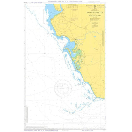 The Admiralty Instructional Chart 5114, titled "Approaches to Rio Guadalquivier and Bahia de Cadiz," depicts the coastline along the Gulf of Cádiz in Spain. It includes coastal features, islands, depths, commercial shipping routes, and relevant maritime details necessary for navigation compliance according to ADMIRALTY Standard Nautical Charts.