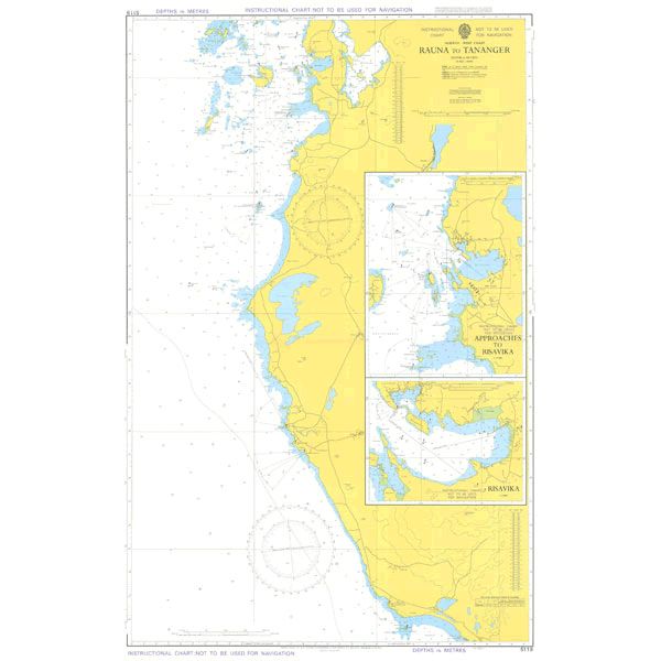 The Admiralty Instructional Chart 5119 | Rauna to Tanager, by Admiralty, depicts the coastal area from Rauma to Tynäjärvi and includes detailed insets of the towns of Rauma and Pitsvikka. This chart provides various maritime navigation information, depth contours, and coastal features highlighted in yellow and blue shading.