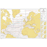 Admiralty Routeing Chart 5124(2): North Atlantic Ocean – February shows wind and current patterns, ocean routes, and surrounding continents, with compass roses and detailed red and blue notations. Produced by Admiralty.