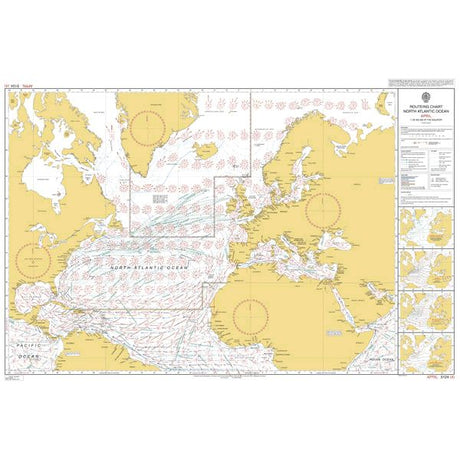 Admiralty Routeing Chart 5124(4): North Atlantic Ocean - April by Admiralty details ocean currents, wind patterns, major passages, and shipping routes with coastlines of the Americas, Europe, and Africa for effective navigation.