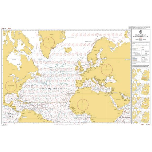 Admiralty Routeing Chart 5124(6): North Atlantic Ocean - June by Admiralty shows ocean currents, coastlines of North America, Europe, and Africa, and navigational routes with arrows for current directions.