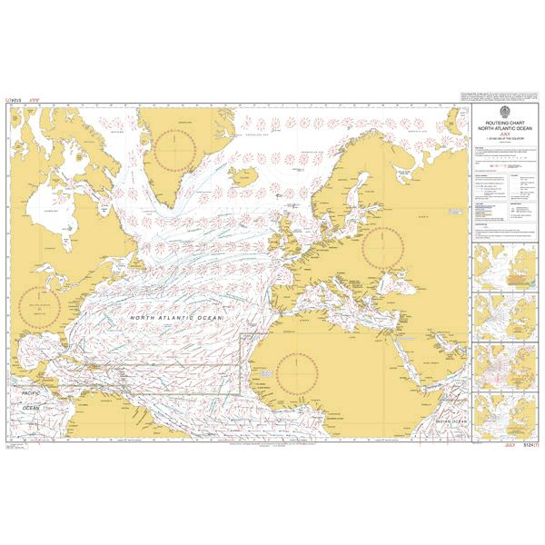 The Admiralty Routeing Chart 5124(7): North Atlantic Ocean - July displays Europe, North America, and Africa with arrows for ocean currents and winds, plus insets highlighting navigation details and key shipping routes.
