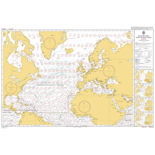 Admiralty Routeing Chart 5124(8): North Atlantic Ocean - August, by Admiralty, is a navigation chart showing coastlines, sea routes, passages, wind patterns, inset maps and a detailed legend in the Admiralty Routeing Chart format.