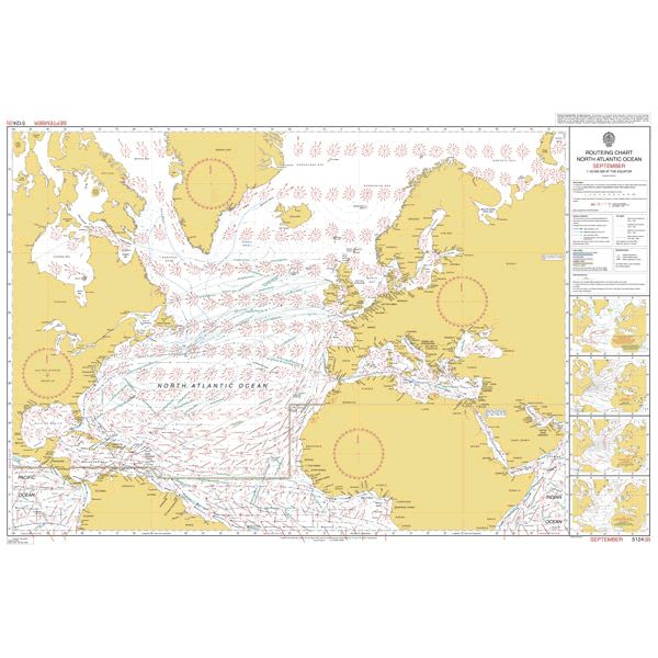 Admiralty Routeing Chart 5124(9): North Atlantic Ocean - September by Admiralty shows September's prevailing winds and currents for navigation, detailed with arrows and symbols, regional insets, and coasts of North America, Europe, and Africa.