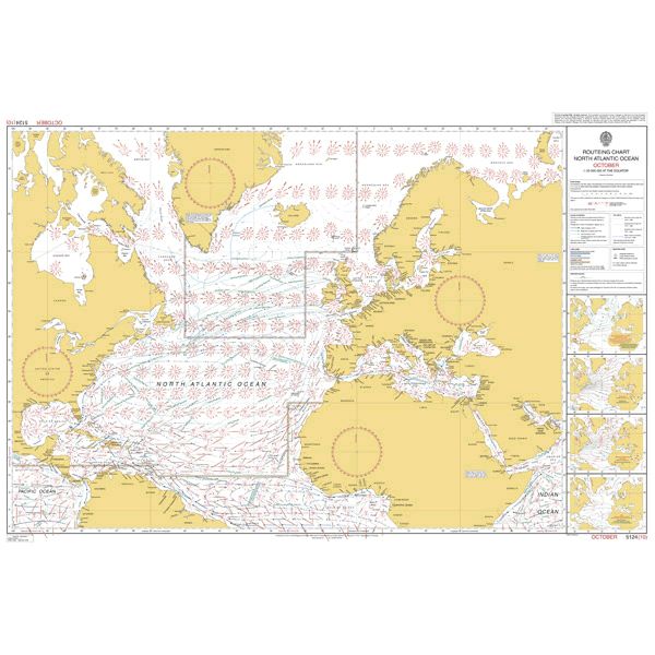 Admiralty Routeing Chart 5124(10): North Atlantic Ocean - October by Admiralty displays coastlines of North America, Europe, and Africa with shipping routes, currents, wind directions, and navigational markings in red and blue on a yellow background.