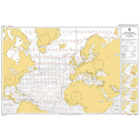Admiralty Routeing Chart 5124(10): North Atlantic Ocean - October by Admiralty displays coastlines of North America, Europe, and Africa with shipping routes, currents, wind directions, and navigational markings in red and blue on a yellow background.