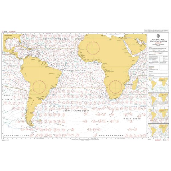 The Admiralty Routeing Chart 5125(1): South Atlantic Ocean - January by Admiralty details ocean currents and navigation info for South America, Africa, and nearby seas, with clear arrows to aid maritime route planning.