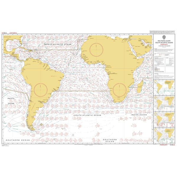 Admiralty Routeing Chart 5125(2): South Atlantic Ocean - February, by Admiralty, details ocean currents with arrows and surrounding coastlines of South America, Africa, and Antarctica. Insets and current directions assist navigation.