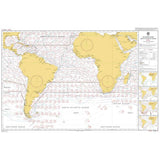 The Admiralty Routeing Chart 5125(4): South Atlantic Ocean - April displays prevailing winds, ocean currents, and key shipping routes with labeled oceans and regions; continents are outlined in yellow for clear navigation reference.