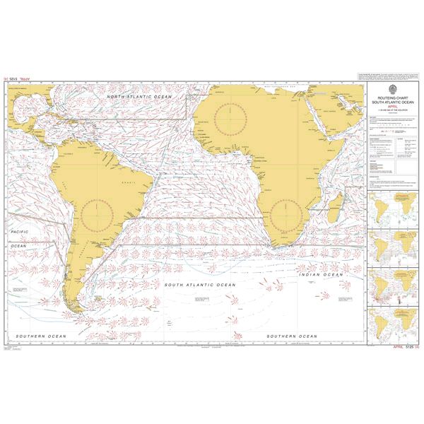 The Admiralty Routeing Chart 5125(4): South Atlantic Ocean - April displays prevailing winds, ocean currents, and key shipping routes with labeled oceans and regions; continents are outlined in yellow for clear navigation reference.