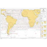 The Admiralty Routeing Chart 5125(5): South Atlantic Ocean - May by Admiralty features yellow landmasses, detailed latitude/longitude markings, ocean currents, and classic shipping routes—perfect for navigation enthusiasts.