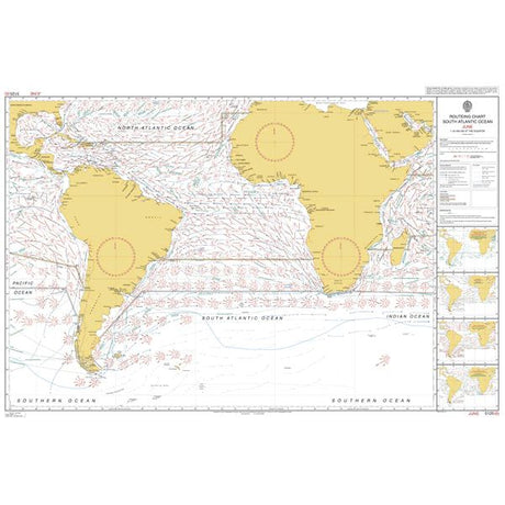 Admiralty Routeing Chart 5125(6): South Atlantic Ocean – June shows South America, Africa, Antarctica coasts, ocean currents, wind directions, and coordinates—perfect for navigation. Insets and notes are on the right. Brand: Admiralty.