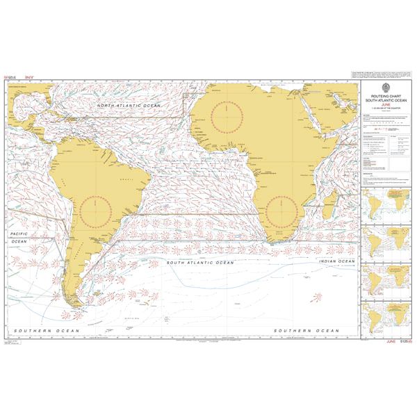 Admiralty Routeing Chart 5125(6): South Atlantic Ocean – June shows South America, Africa, Antarctica coasts, ocean currents, wind directions, and coordinates—perfect for navigation. Insets and notes are on the right. Brand: Admiralty.