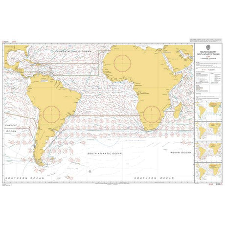 Admiralty Routeing Chart 5125(7): South Atlantic Ocean - July by Admiralty shows continents, islands, ocean currents, shipping routes, wind directions, and navigation marks. Land is yellow; water features labeled currents and arrows.