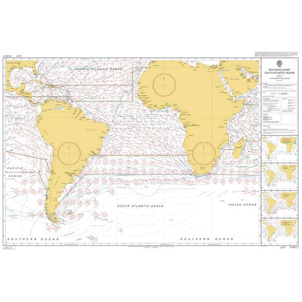 Admiralty Routeing Chart 5125(7): South Atlantic Ocean - July by Admiralty shows continents, islands, ocean currents, shipping routes, wind directions, and navigation marks. Land is yellow; water features labeled currents and arrows.