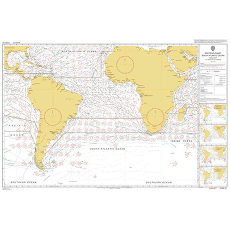 Admiralty Routeing Chart 5125(8): South Atlantic Ocean - August shows South America, Africa, wind directions, ocean currents, shipping routes, navigational markings plus insets and a legend on the right side. Brand: Admiralty.