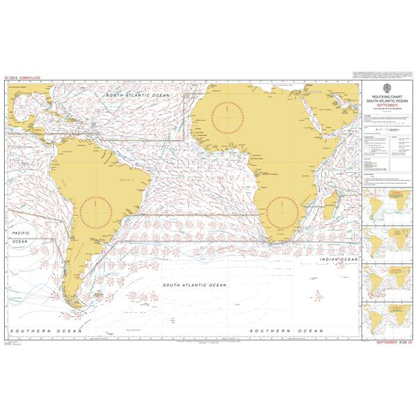 Admiralty Routeing Chart 5125(9): South Atlantic Ocean - September shows South America, Africa, and parts of Europe, with Atlantic ocean currents in red, shipping routes, and wind patterns for enhanced navigation.