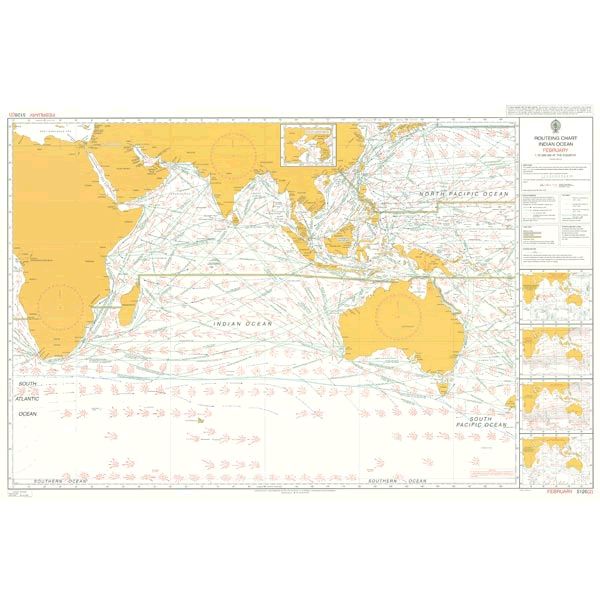 Admiralty Routeing Chart 5126(2): Indian Ocean - February by Admiralty displays shipping routes, currents, winds, major landmasses in yellow, with inset maps and diagrams along the right side for detailed ocean navigation.